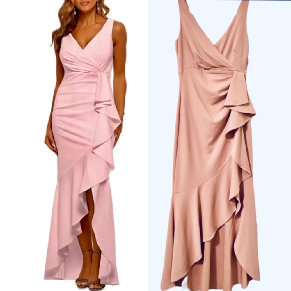 Betsy & Adam Flounce Cascade Ruffled dress Gown in Blush Rose Size 10